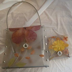 Vintage Organique Clear Purse and Wallet with Real Pressed Flowers and Leaves